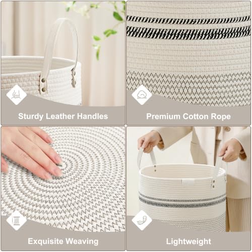 VIPOSCO 53L Tall Woven Rope Laundry Hamper, Leather Handles, Stripe White