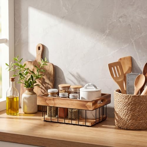 4 Pack Metal Wire Storage Basket, Multiple Sizes Basket with Handles Wooden T...