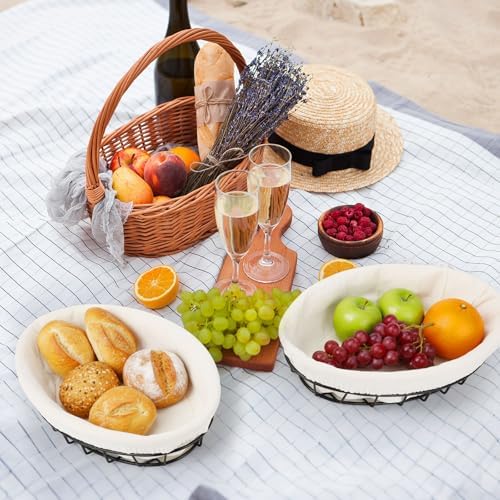 6 Pack Oval Metal Wire Baskets with Liner Cloth for Table Serving 9.5 x 6.2 x...