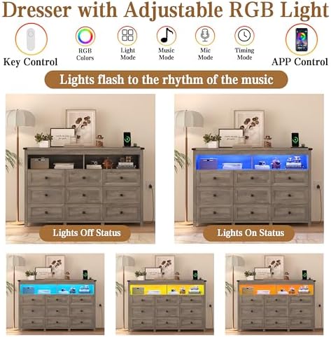 Wodeer 9 Drawer Dresser for Bedroom with LED Lights, Charging Station, Wood C...
