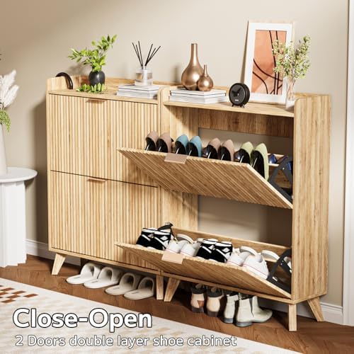 Fluted Shoe Cabinet Storage with 2 Flip Drawers, Wood Narrow Hidden Shoe Orga...