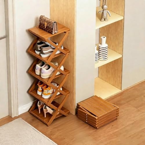 Bamboo Shoe Rack - No Assembly Required, Tall Narrow Foldable Shoe Organizer,...