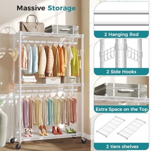 OLIXIS Rolling Clothes Rack, Heavy Duty Garment Rack, 47 IN, Metal White