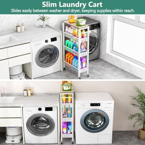 Vivihomety 4-Tier Slim Utility Rolling Laundry Cart with Wheels, Metal