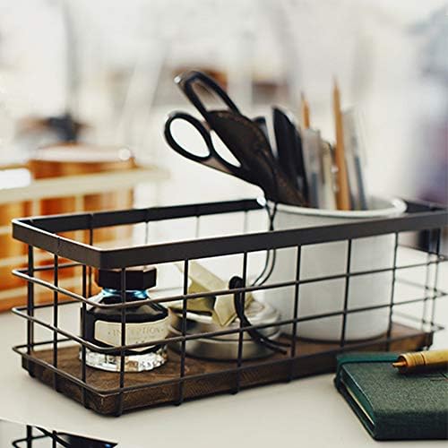 TIEYIPIN Small Metal Wire Storage Basket, Detachable Wood Base Storage Organi...