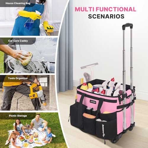 JKAOO Large Rolling Cleaning Caddy Bag with Detachable Trolley, Pink