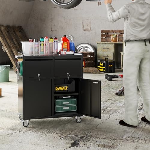 Aobabo Rolling Metal Garage Cabinet with 2 Drawers, Lock and Pegboard