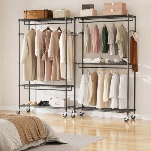 Garvee Rolling Garment Clothes Rack with Wheels, 3-Tier Shelves & Hooks
