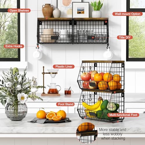 Goozii Hanging Wall Fruit Basket for Kitchen Counter 2 Pack, Stackable Wire B...