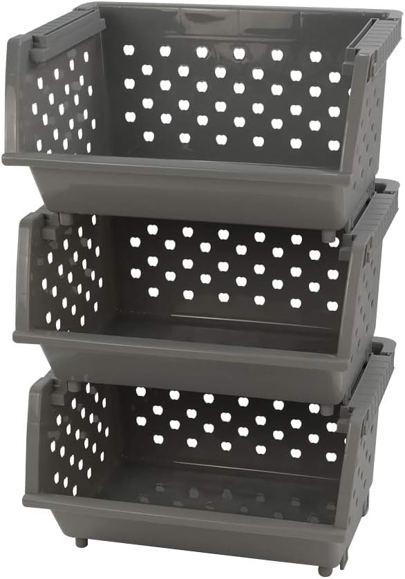 3-Pack Plastic Stacking Open Front Organizer Baskets, Gray