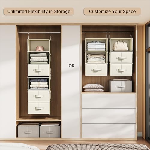 6-Shelf Hanging Closet Organizer with 3 Drawers, 2-in-1 Design, Beige