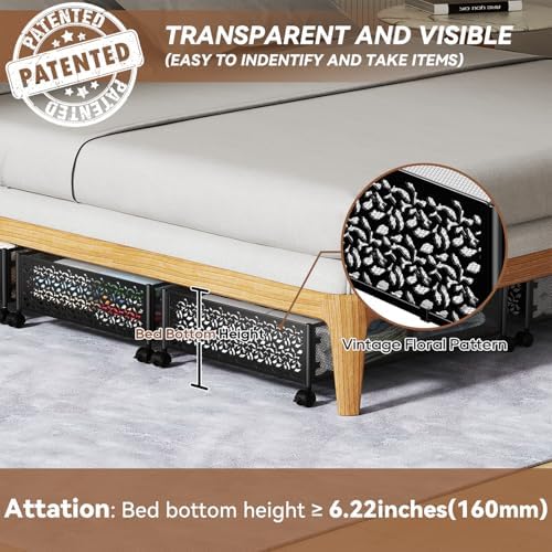 PHINOX Under Bed Storage Container with wheels,Patterned,Metal,2 Pack,Black