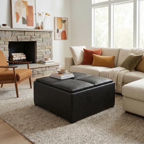 SIMPLIHOME Avalon 35" Wide Vegan Leather Square Storage Ottoman in Black