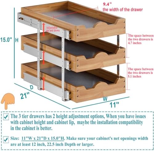 OCG Pull Out Cabinet Drawer 11" W x 21" D, 3 Tier Pull Out Cabinet ...