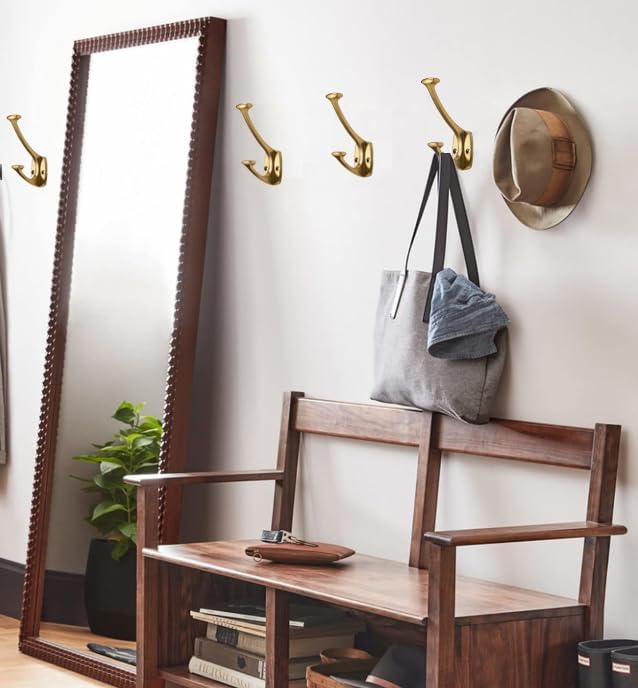 Brushed Brass Hooks Wall Mounted Decorative Solid Heavy-Duty Coat Hooks for T...