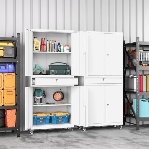 73" Metal Garage Storage Cabinet with Wheels， Rolling Tool Storage with ...