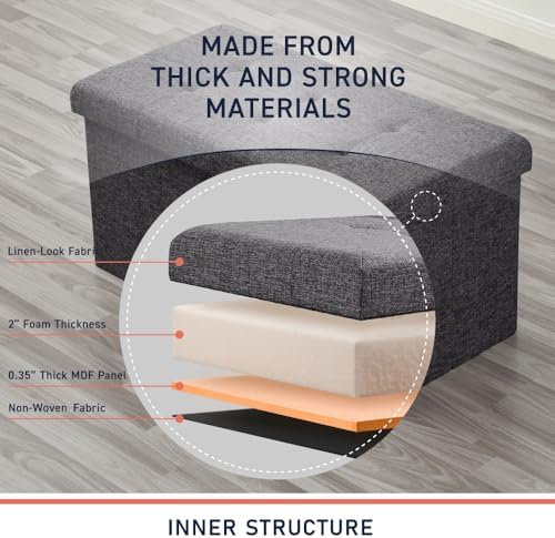 Ornavo Home 30 Inch Folding Storage Ottoman Bench, Tufted Linen, Dark Gray