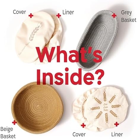 KneadAce Cotton Rope Banneton Bread Proofing Basket Set, Oval & Round Bre...