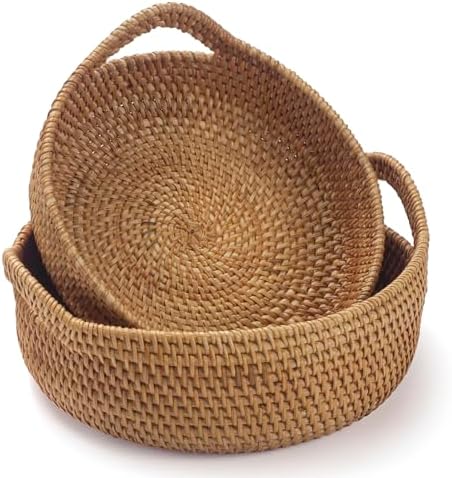 Rattan Storage Basket, Hand Woven Fruit Basket with Handles, Wicker Serving B...