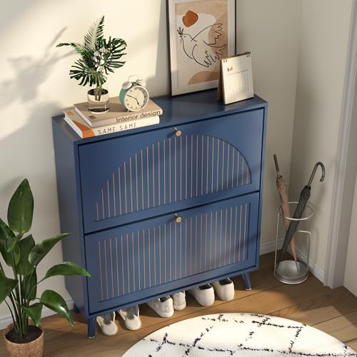 Fsbecl Shoe Storage Cabinet for Entryway with 2 Flip Drawers, Navy Blue
