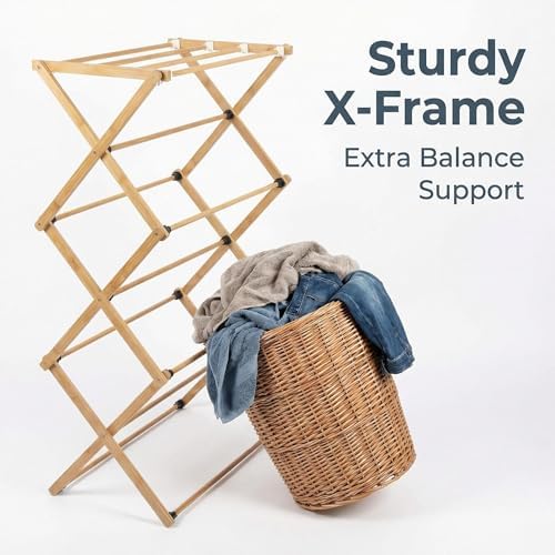 FJO Foldable Bamboo Clothes Drying Rack, 3-Tier Collapsible Laundry Clothes H...