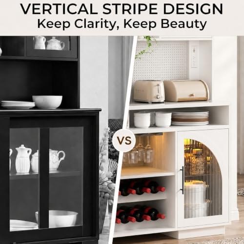 71" Tall Pantry Cabinet with Charging Station, LED Lights & Microwav...
