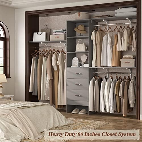 iSunirm 8FT Closet System, 96'' Closet Organizer System with 3 Hangin...
