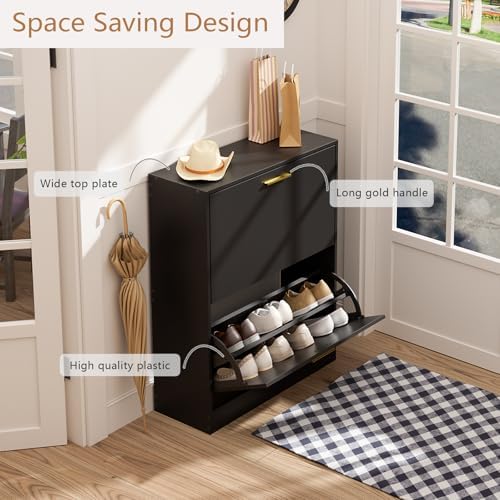 LYNSOM Modern Entryway Shoe Cabinet with 2 Flip Drawers and Top Display, Blac...