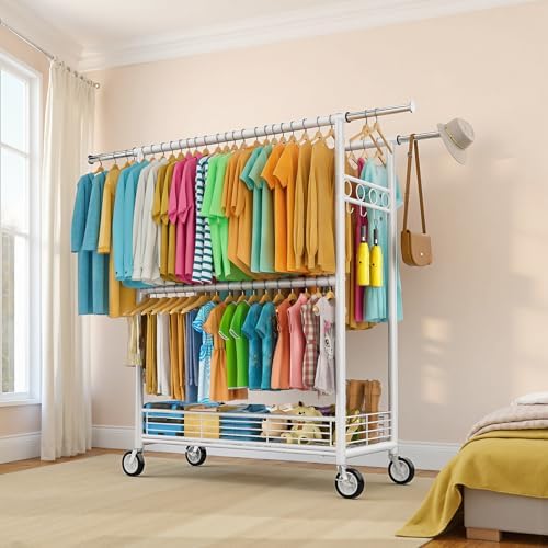 Heavy Duty Clothes Rack Load 960LBS, Three Rods Rolling Clothing Racks for Ha...