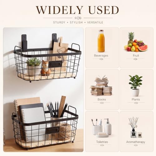 4 Pcs Black Metal Wire Storage Baskets with Wood Bottoms,Large