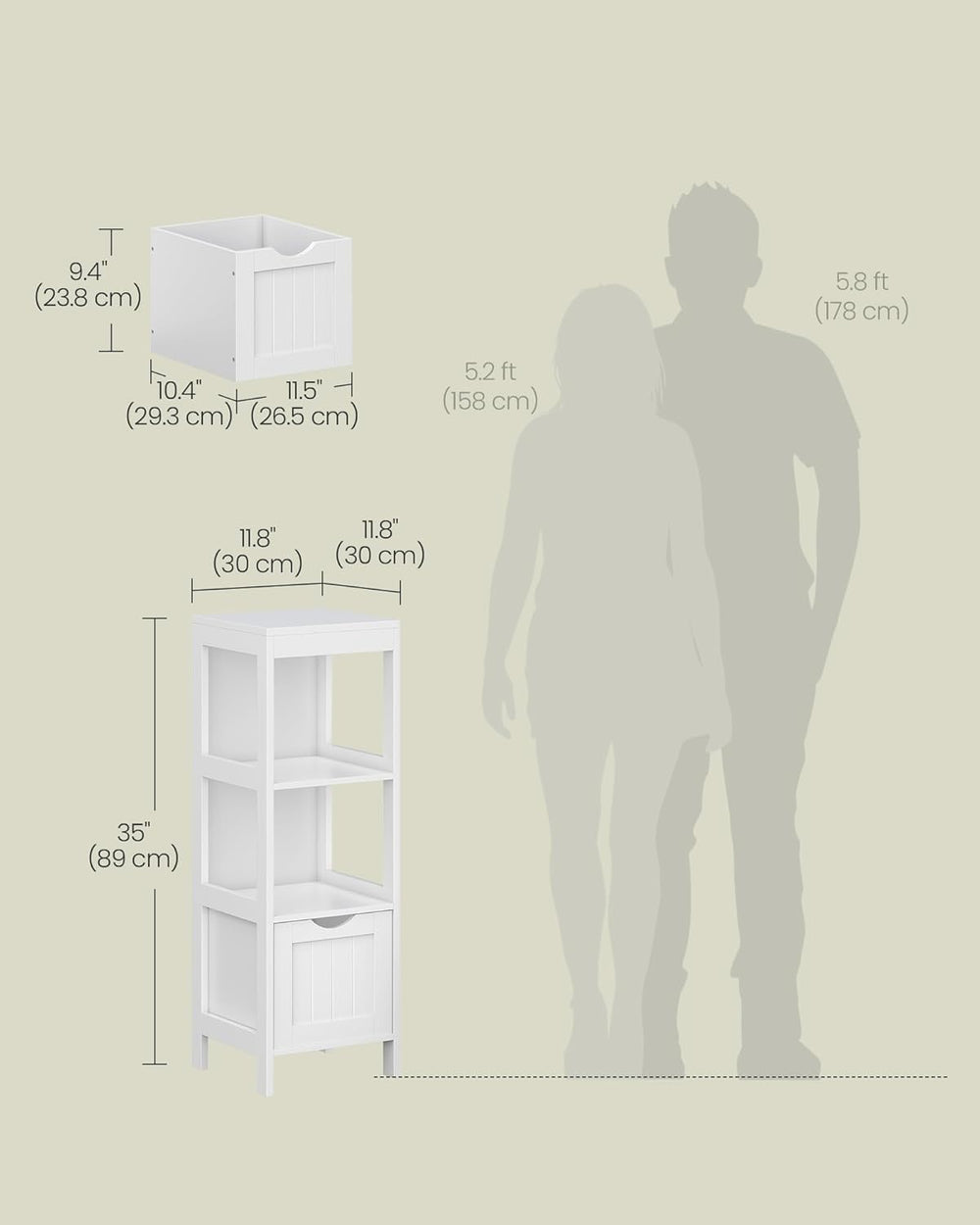 VASAGLE Bathroom Floor Cabinet, 2 Drawers, 35" H, Cloud White