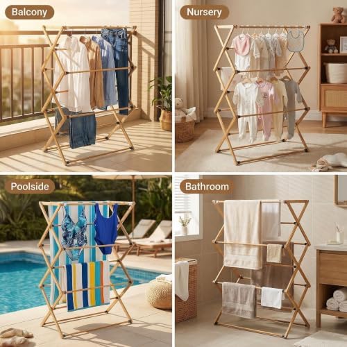 FJO Foldable Bamboo Clothes Drying Rack, 3-Tier Collapsible Laundry Clothes H...