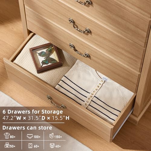 6 Drawer Dresser,Farmhouse Wood Chest of Drawers for Bedroom,47" Tall Dr...