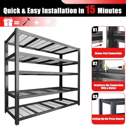 84" H Heavy Duty Wire Garage Shelving, 5-Tier Adjustable Industrial Meta...