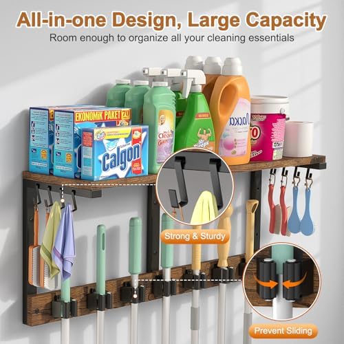 Housolution Wall Mount Broom Holder Hanger Laundry Room Storage Shelves