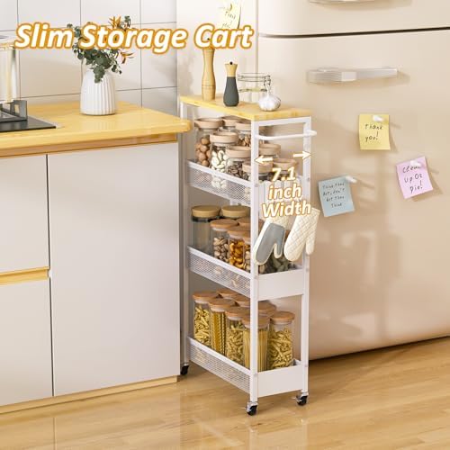 7.1" Wide Slim Storage Cart on Wheels, 4 Tier Metal Narrow Rolling Cart ...