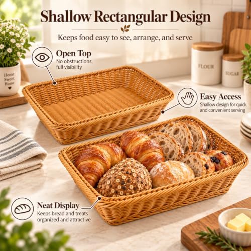 2 Pack Wicker Bread Baskets, 17.7 Inch Rectangular Serving Trays