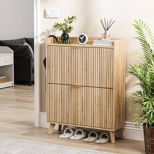 Fluted Shoe Cabinet Storage with 2 Flip Drawers, Wood Narrow Hidden Shoe Orga...