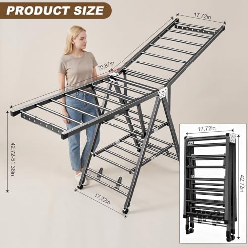 Heavy Duty 3-Tier Clothes Drying Rack with Wheels, Large 5.9ft