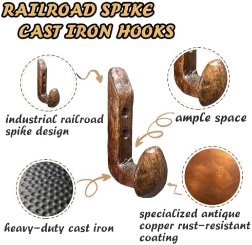 4PC Railroad Spike Cast Iron Hooks Antique Copper Rustic Coat Hook Heavy Duty...