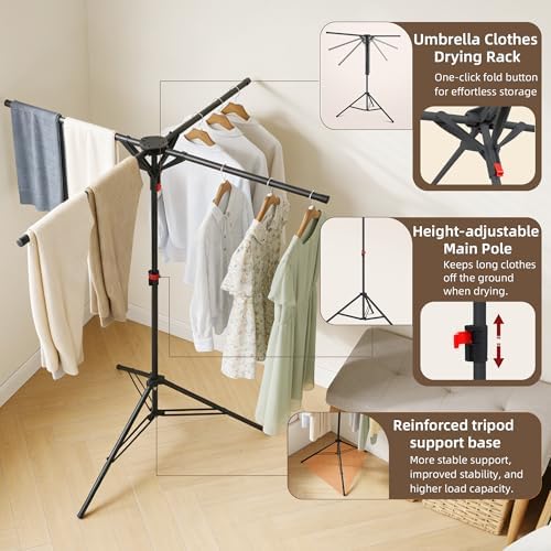 Clothes Drying Rack Foldable, Adjustable Height with Fold Button