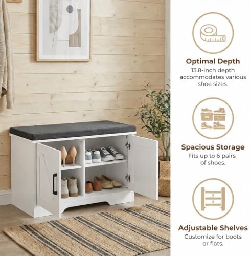 HOMSHO Farmhouse Shoe Storage Bench with 2 Barn Doors & Padded Seat Cushion