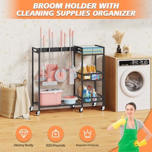 Broom and Mop Holder, MUNNAR Broom Closet Storage Cabinet with Cleaning Suppl...