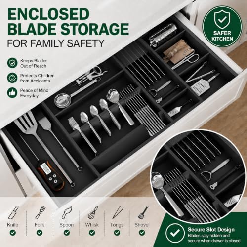 Bamboo Expandable Kitchen Drawer Organizer, 17.7-29.5 in,Black