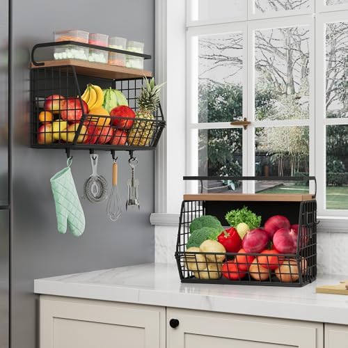 Fruit Basket 2 IN 1 Magnetic & Hanging Wall Produce Basket with Spice Rac...