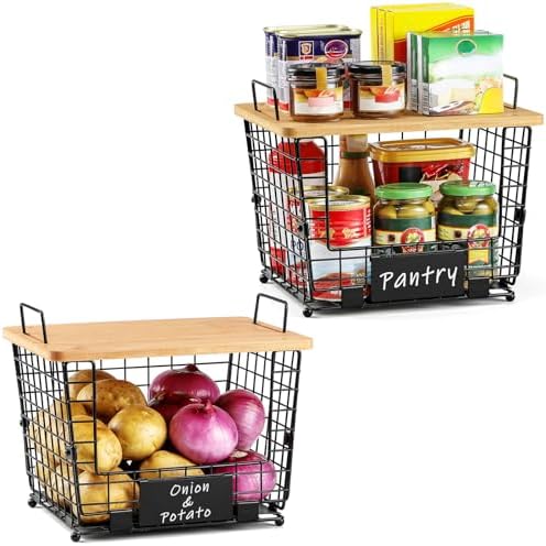 2 Set Large Stackable Wire Basket with Bamboo Tops & Tag- Pantry Organize...