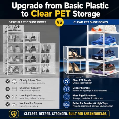 12 Pack Clear Acrylic Shoe Boxes Fit Size 12, Front Door for Small Closets