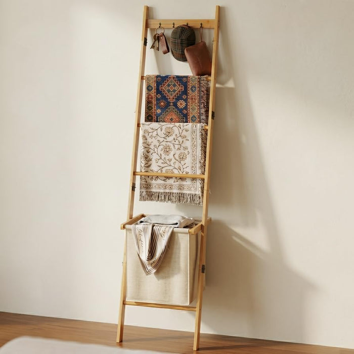 BAMBANG 6-Tier Blanket Ladder for Living Room, Blanket Quilt Ladder Rack Rustic Decorative Towel Holder, Wall Leaning Blanket Ladder Shelf Storage Farmhouse Decor for Bedroom Bathroom (ZYL-Natural)