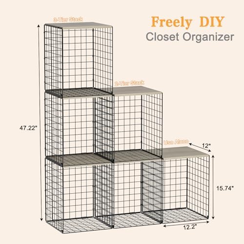 3-Pack Taller Closet Organizers and Storage with Wood Top, Stackable Wire Sto...