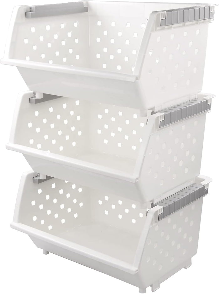 3 Pack Large Stackable Storage Bins Kitchen Plastic Stacking Basket